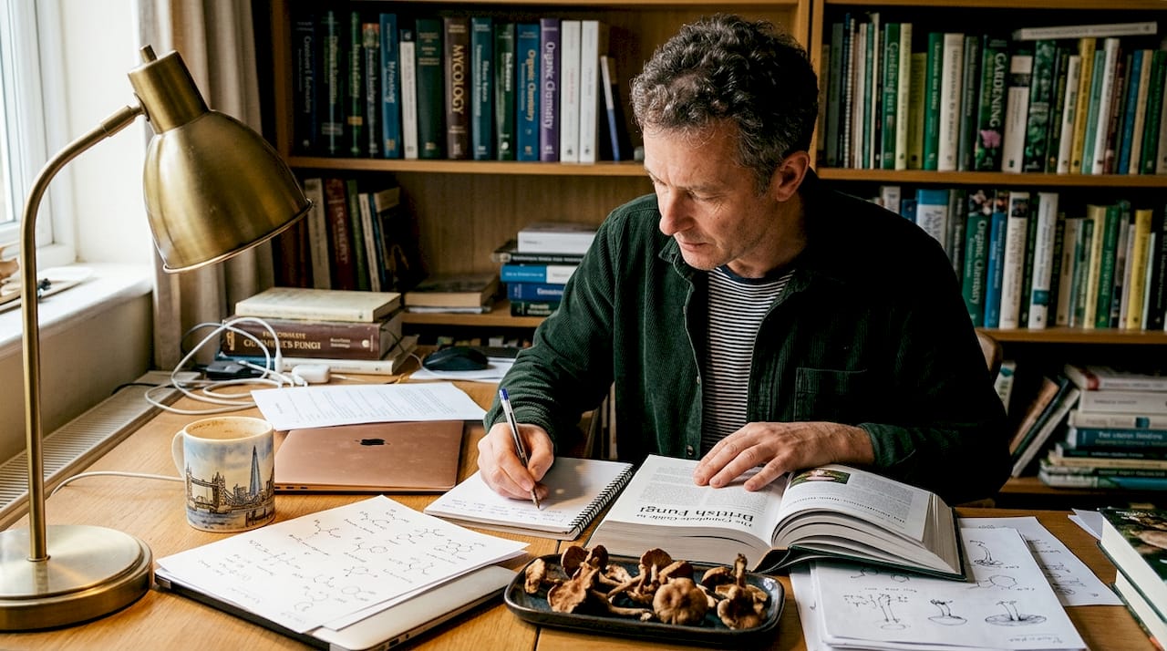 Researcher studying medicinal mushrooms at desk