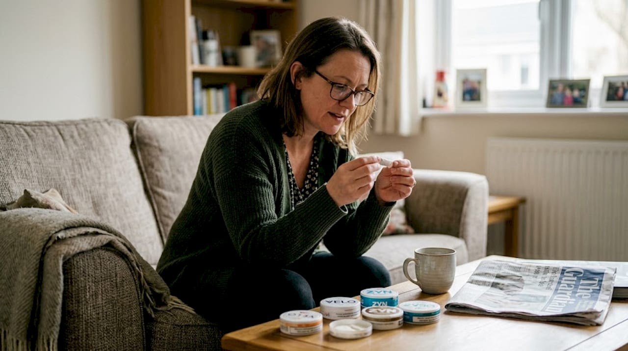 Woman inspecting nicotine pouch texture at home