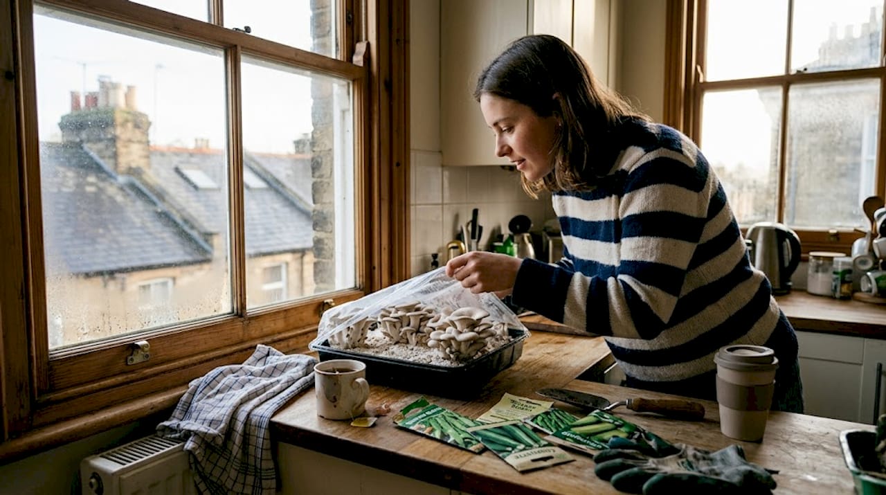 Oyster mushrooms growing on kitchen windowsill