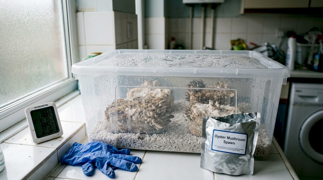 Home mushroom fruiting chamber setup close-up