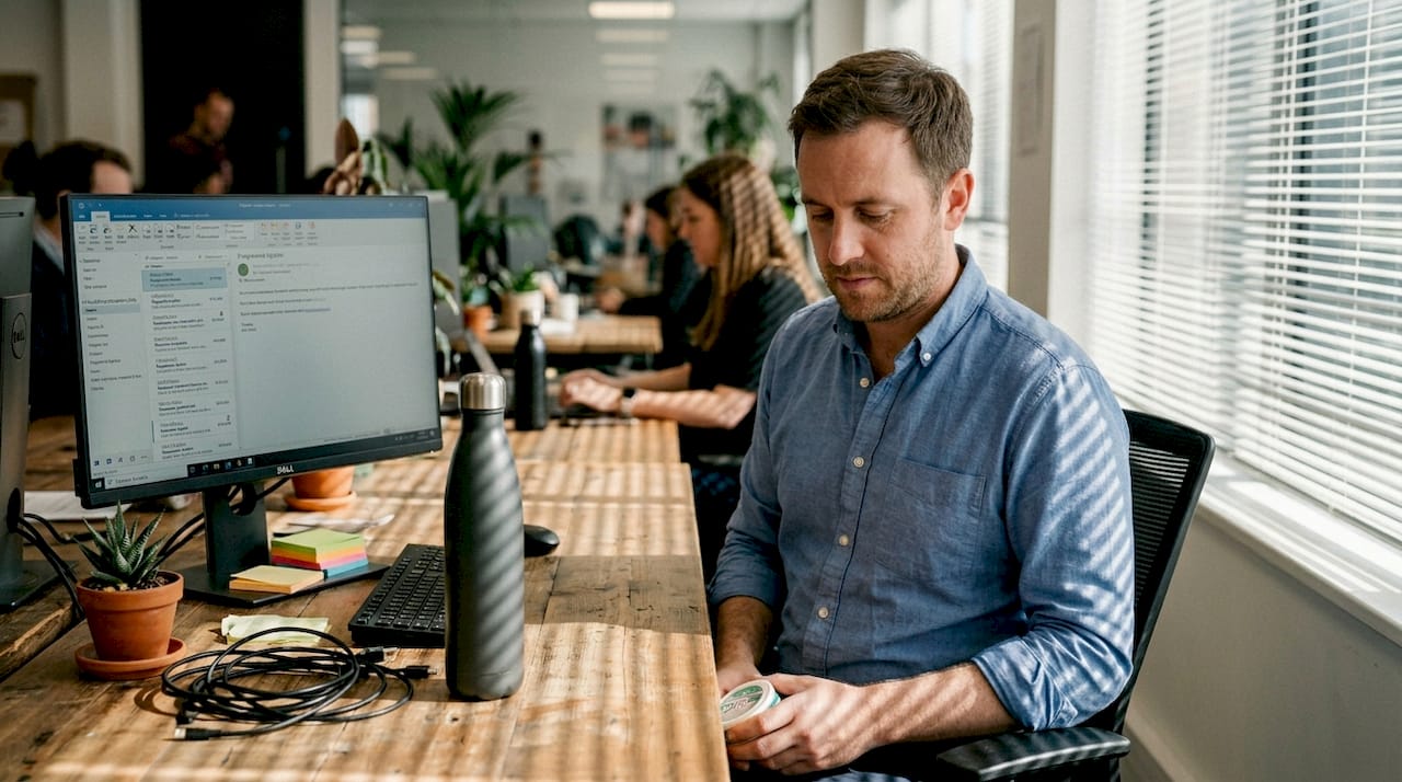 Man opening nicotine pouches discreetly at desk