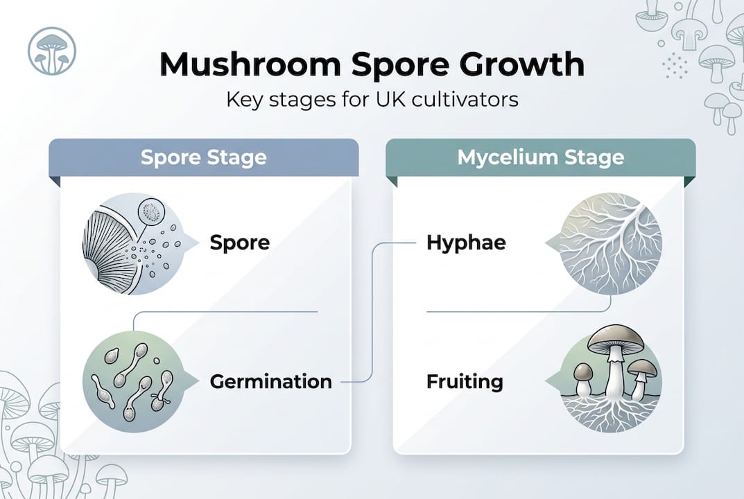 Infographic showing mushroom spore and mycelium stages