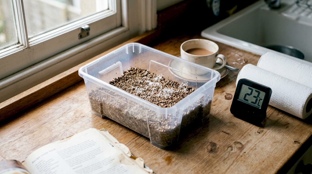 Homemade spore germination chamber on kitchen counter