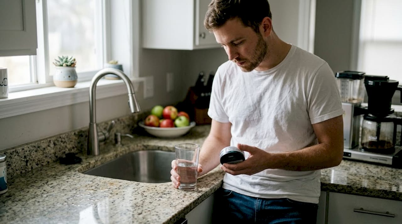 Man reading nicotine pouch label in kitchen