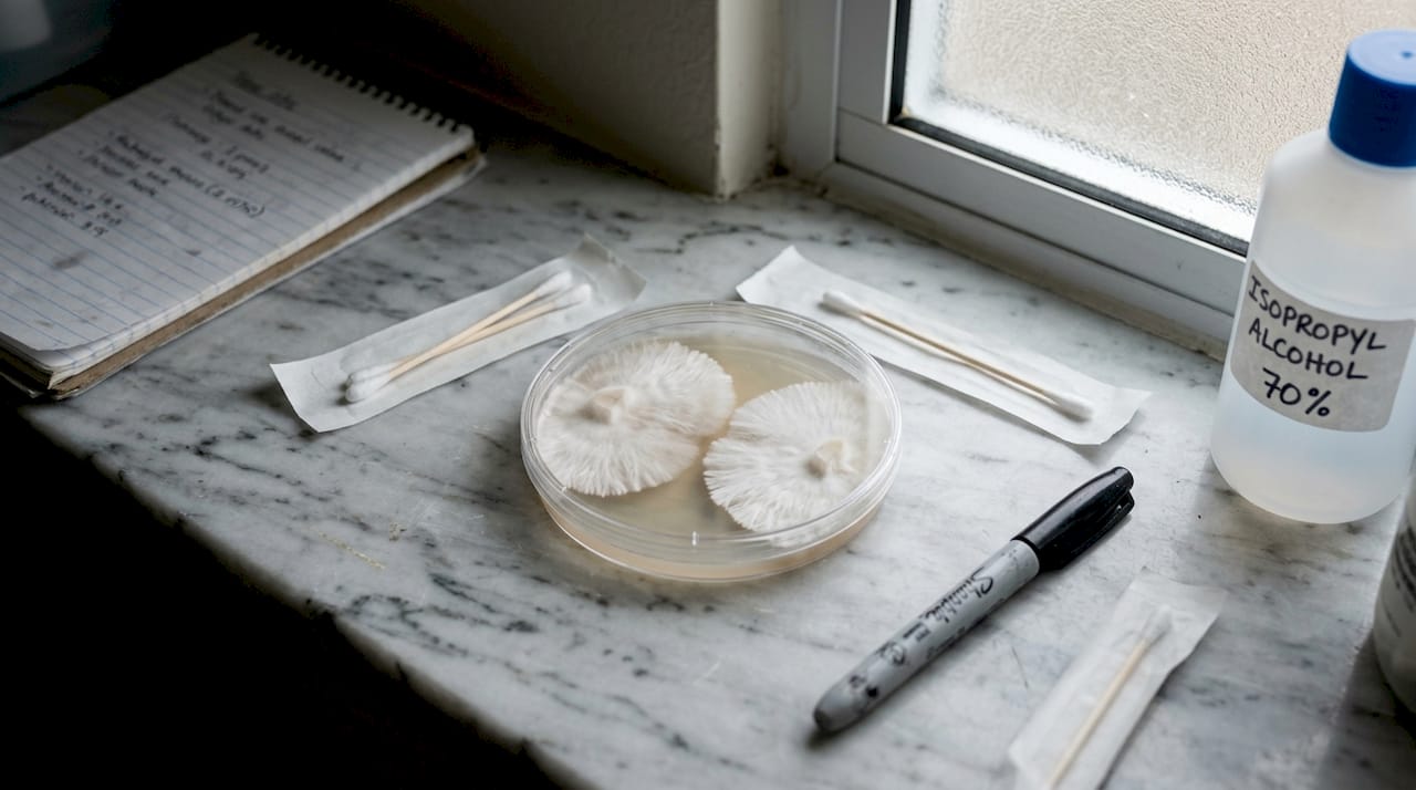 Close-up of mycelium growing in petri dish