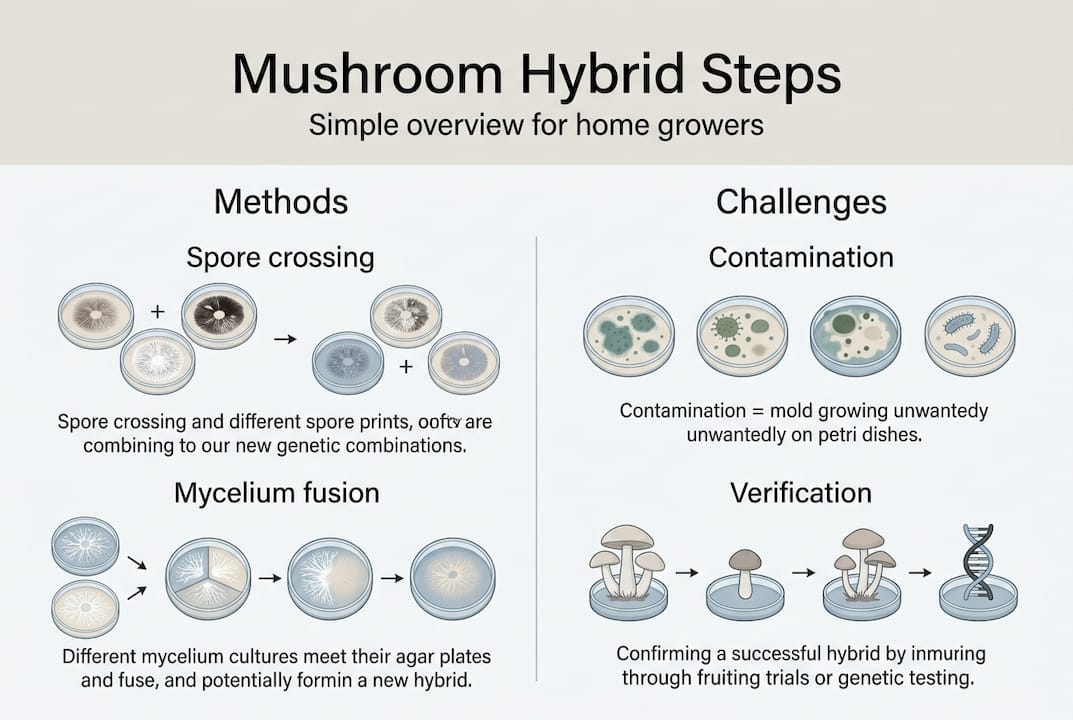 Infographic showing steps and challenges in mushroom hybridisation
