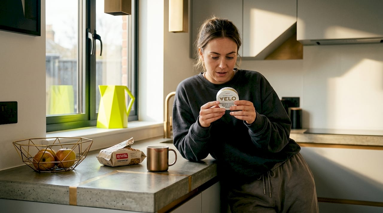 Woman reading VELO pouch packaging by window
