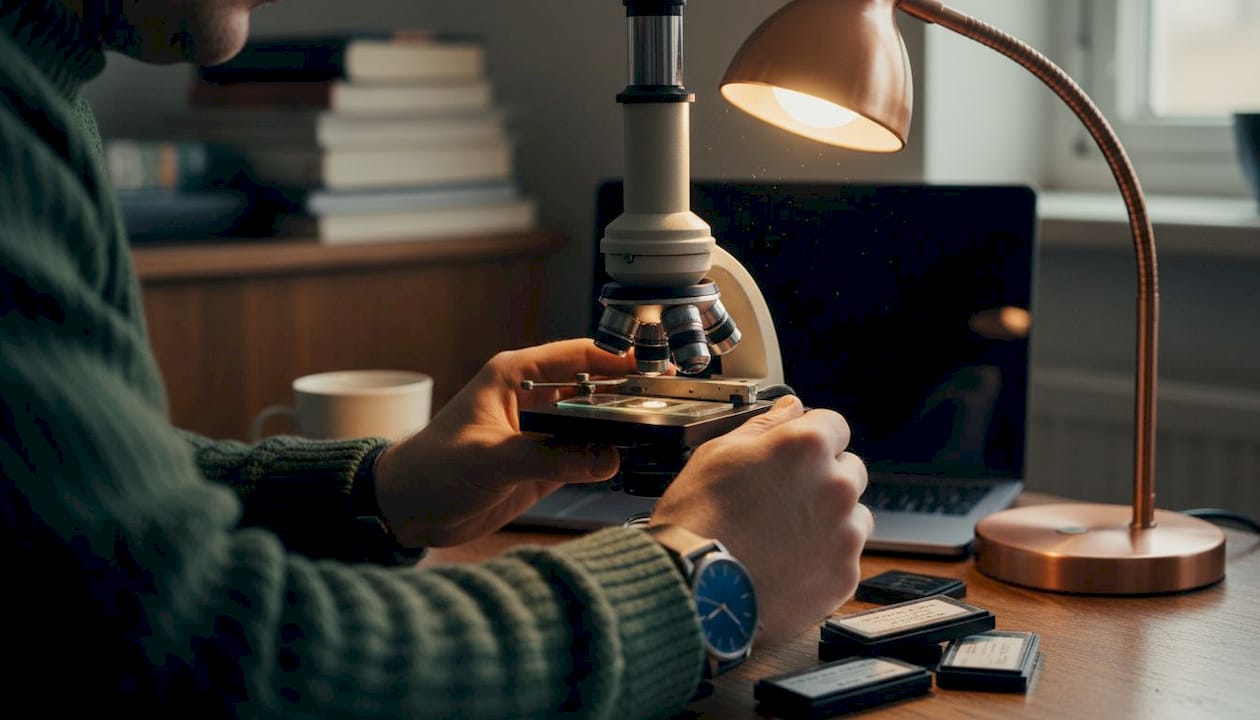Hands focusing microscope on mushroom spores slide