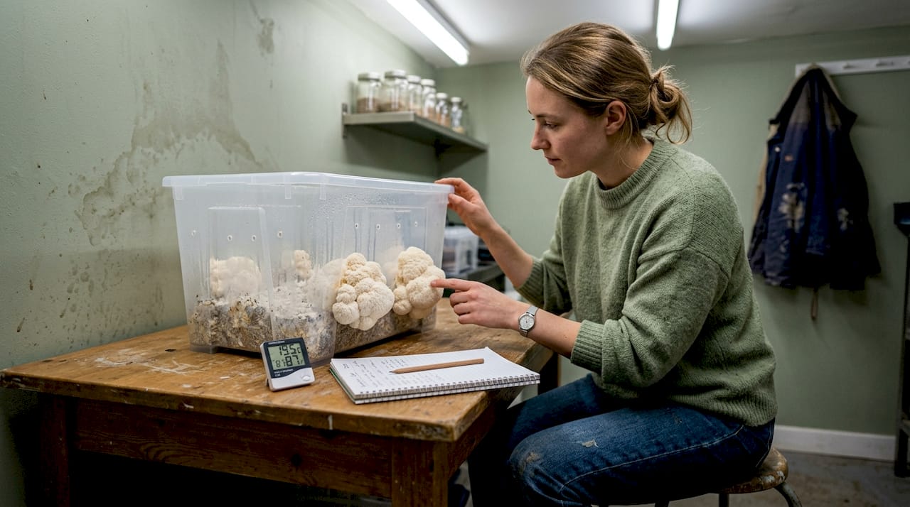 Woman checking lion's mane mushroom grow