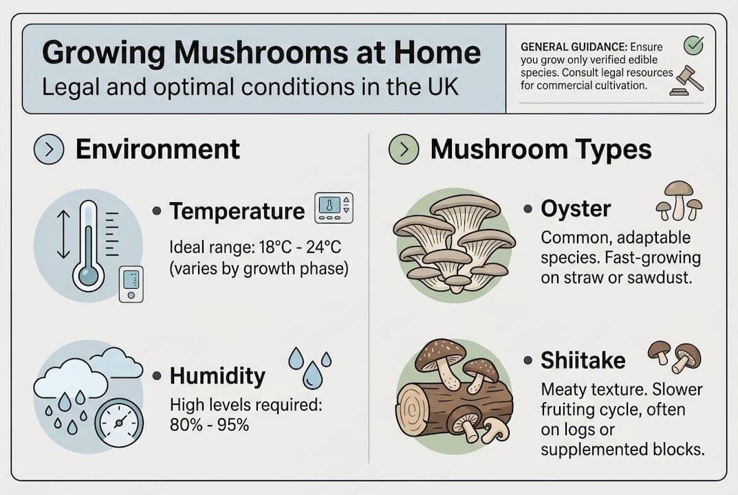 Infographic on mushroom growing conditions and types