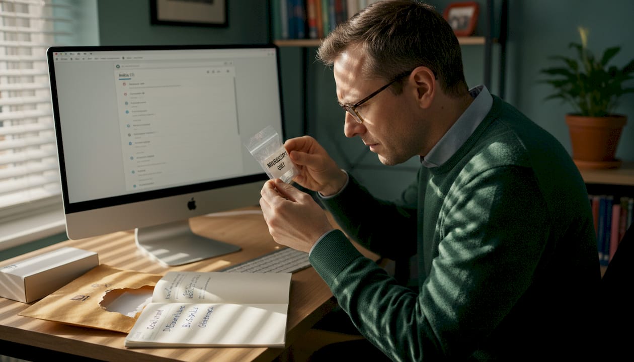 Man reviewing mushroom spore purchase packaging