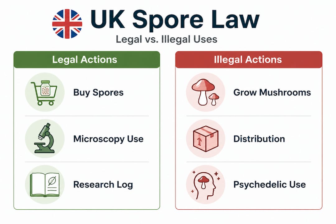 Infographic comparing legal and illegal mushroom spore activities UK