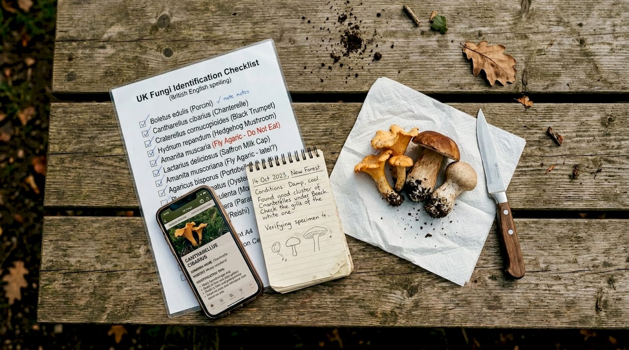Mushroom checklist and tools on picnic table