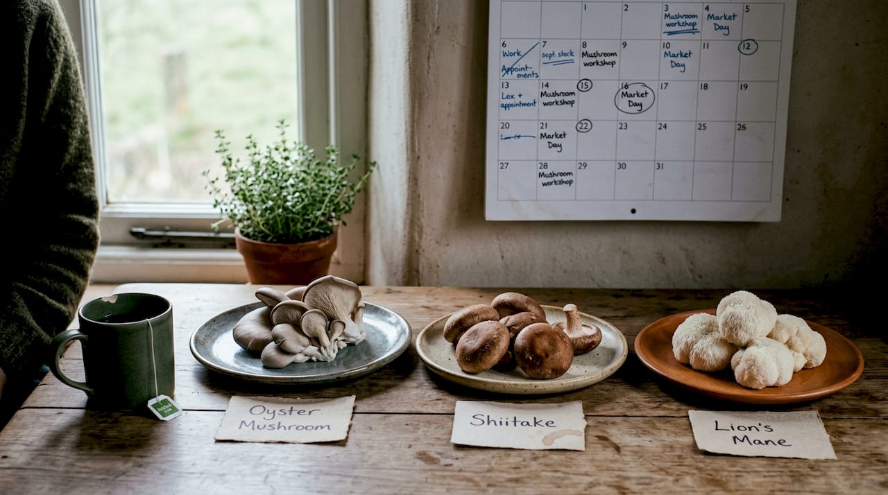 Varieties of legal mushrooms on ceramic plates