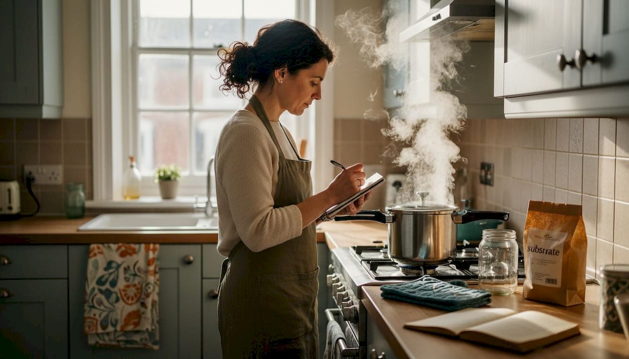 Woman sterilizing mushroom substrate at kitchen stove