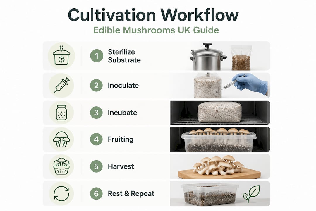 Workflow infographic for legal mushroom cultivation steps