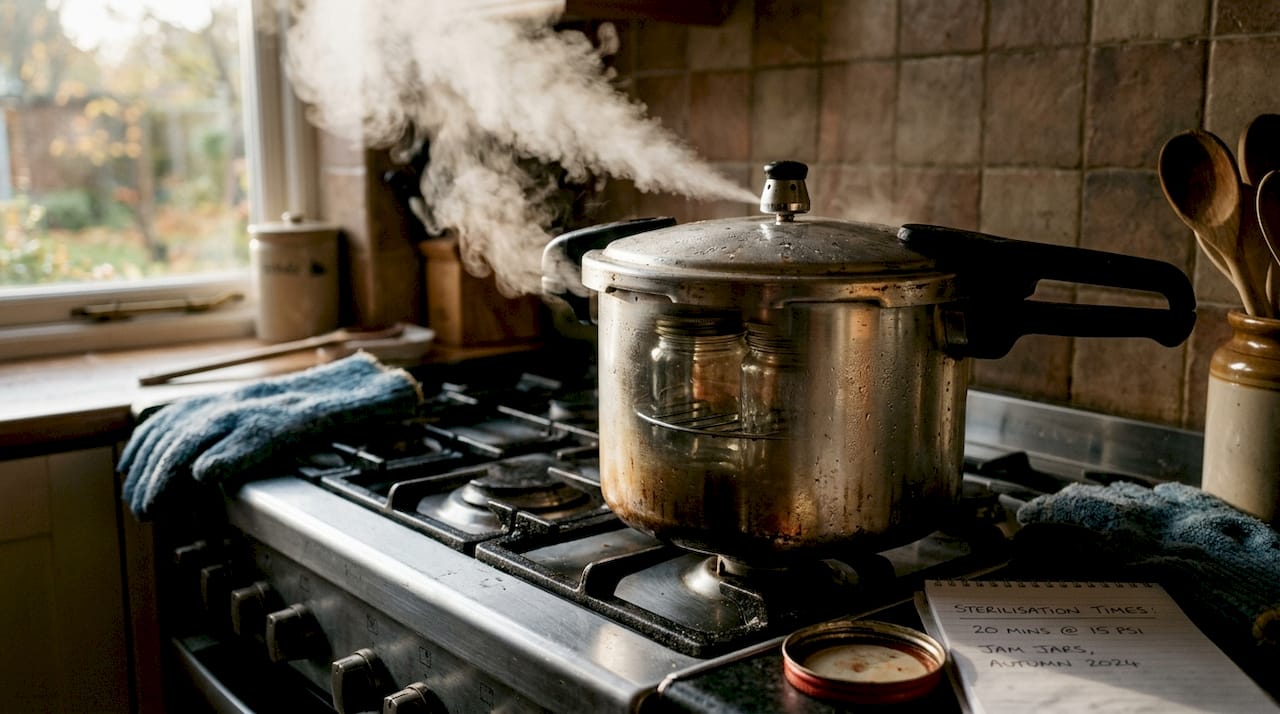 Pressure cooker with jars for sterilisation on stove