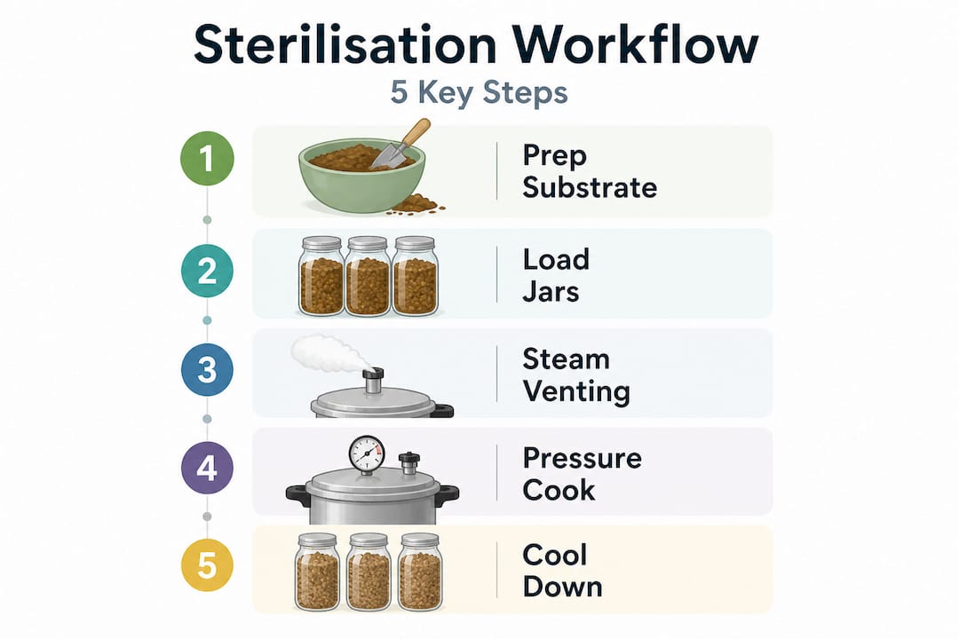 Infographic showing mushroom sterilisation steps