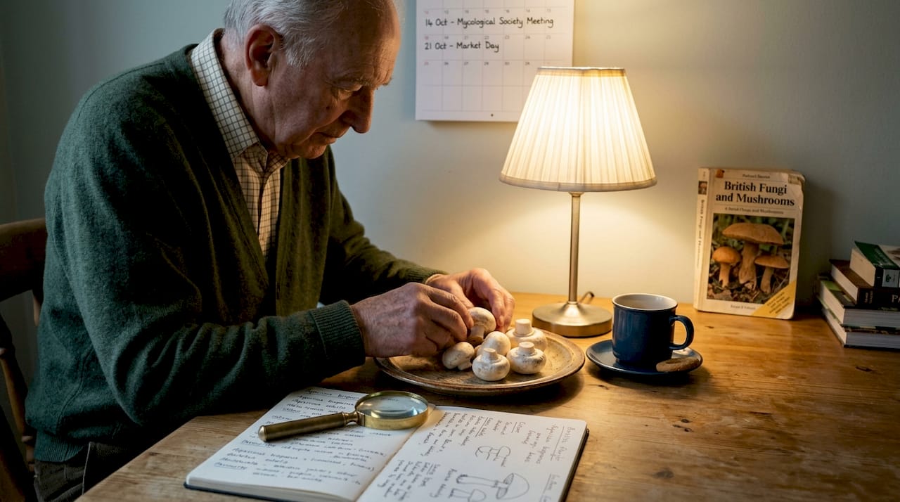 Man classifying mushrooms with notebook and magnifier