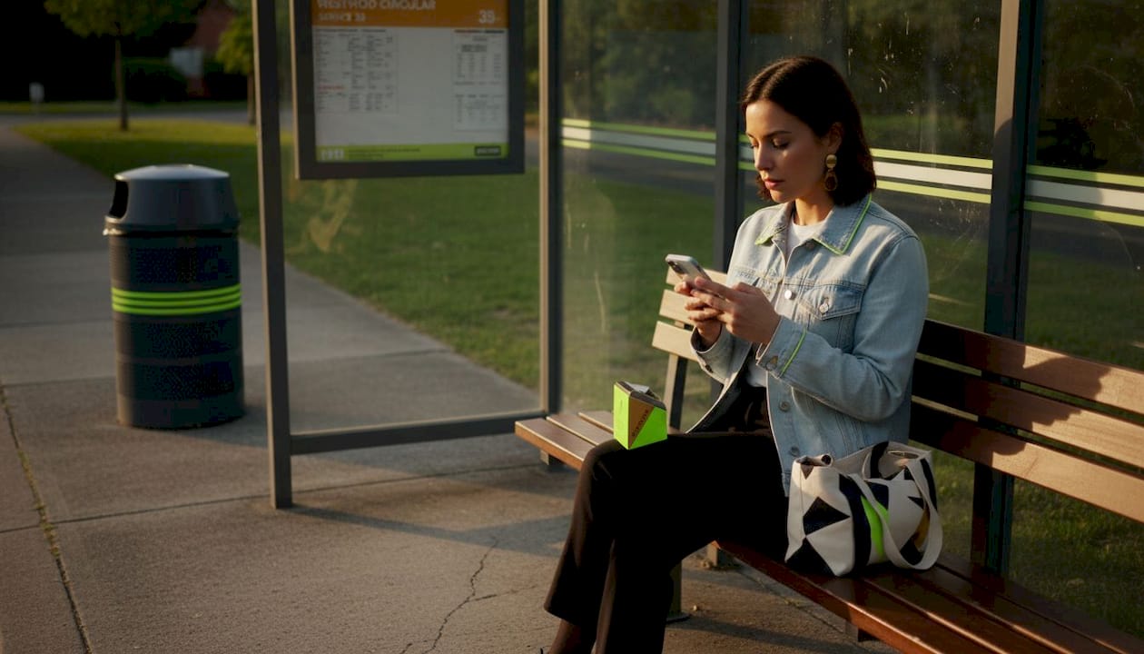 Woman discreetly using nicotine pouch at bus stop