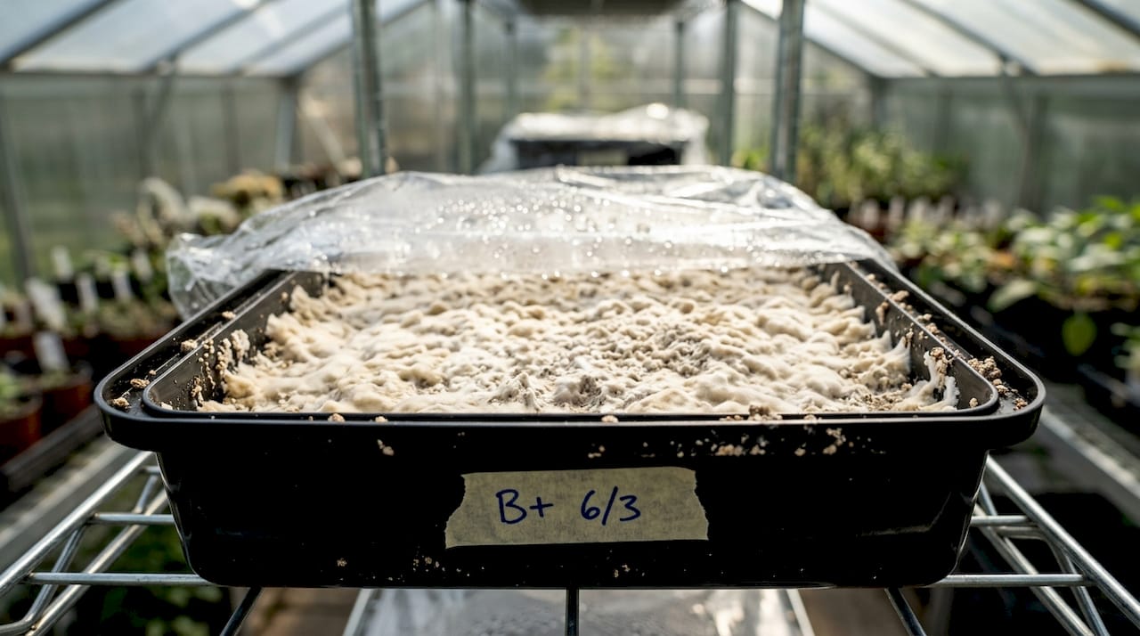 Close-up of B+ mushroom mycelium in tray