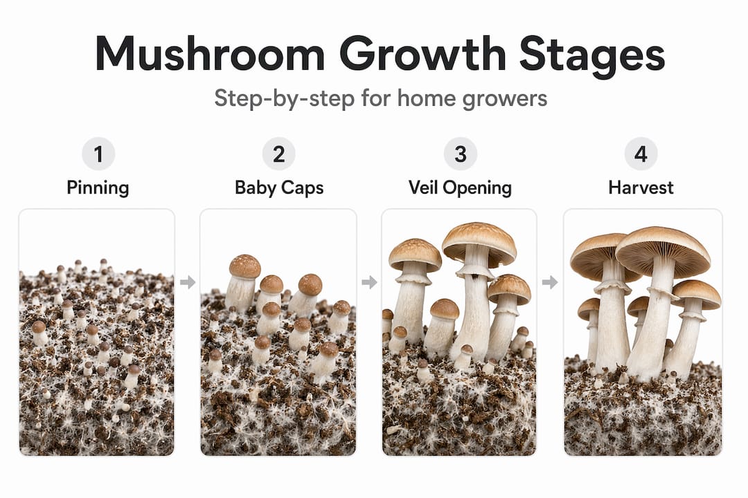 Infographic of mushroom growth stages step by step