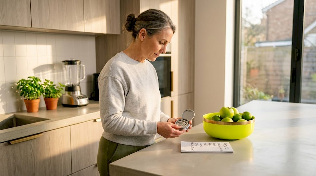 Woman checking pouch freshness in kitchen