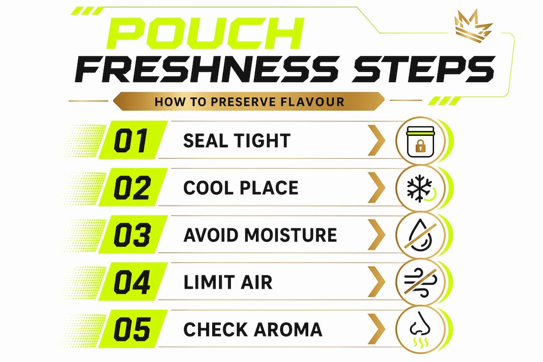 Infographic showing steps for preserving pouch freshness