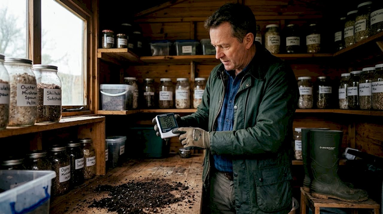 Checking humidity in mushroom grow shed