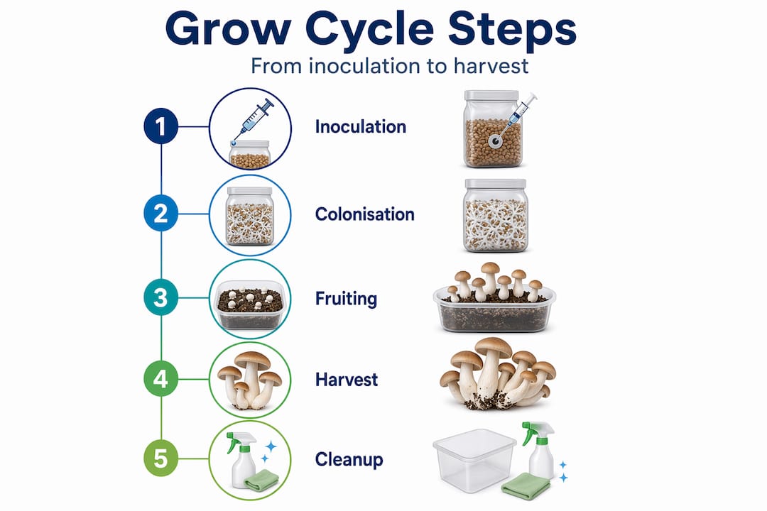 Infographic of numbered mushroom grow cycle steps