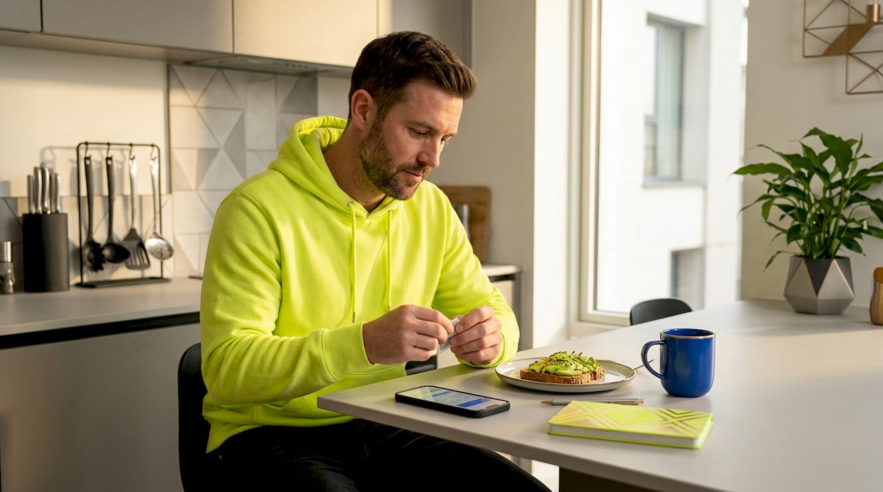 Man preparing to use nicotine pouch at breakfast table