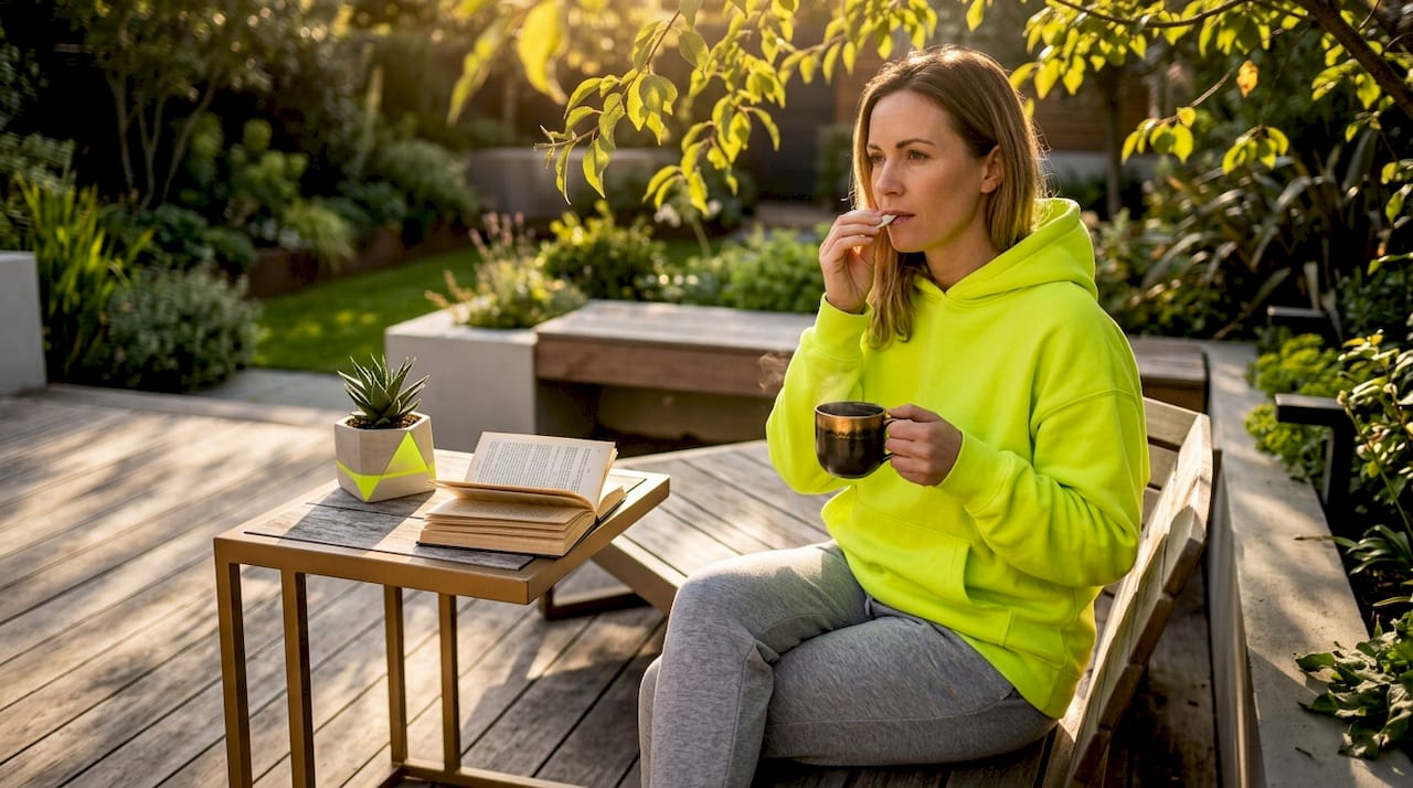 Woman trying wet nicotine pouch on balcony