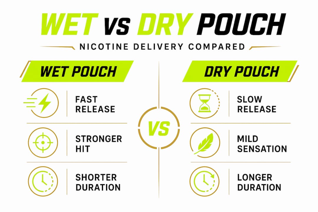 Infographic comparing wet vs dry nicotine pouches