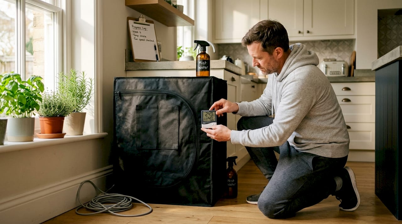 Man adjusting hygrometer on small mushroom grow tent