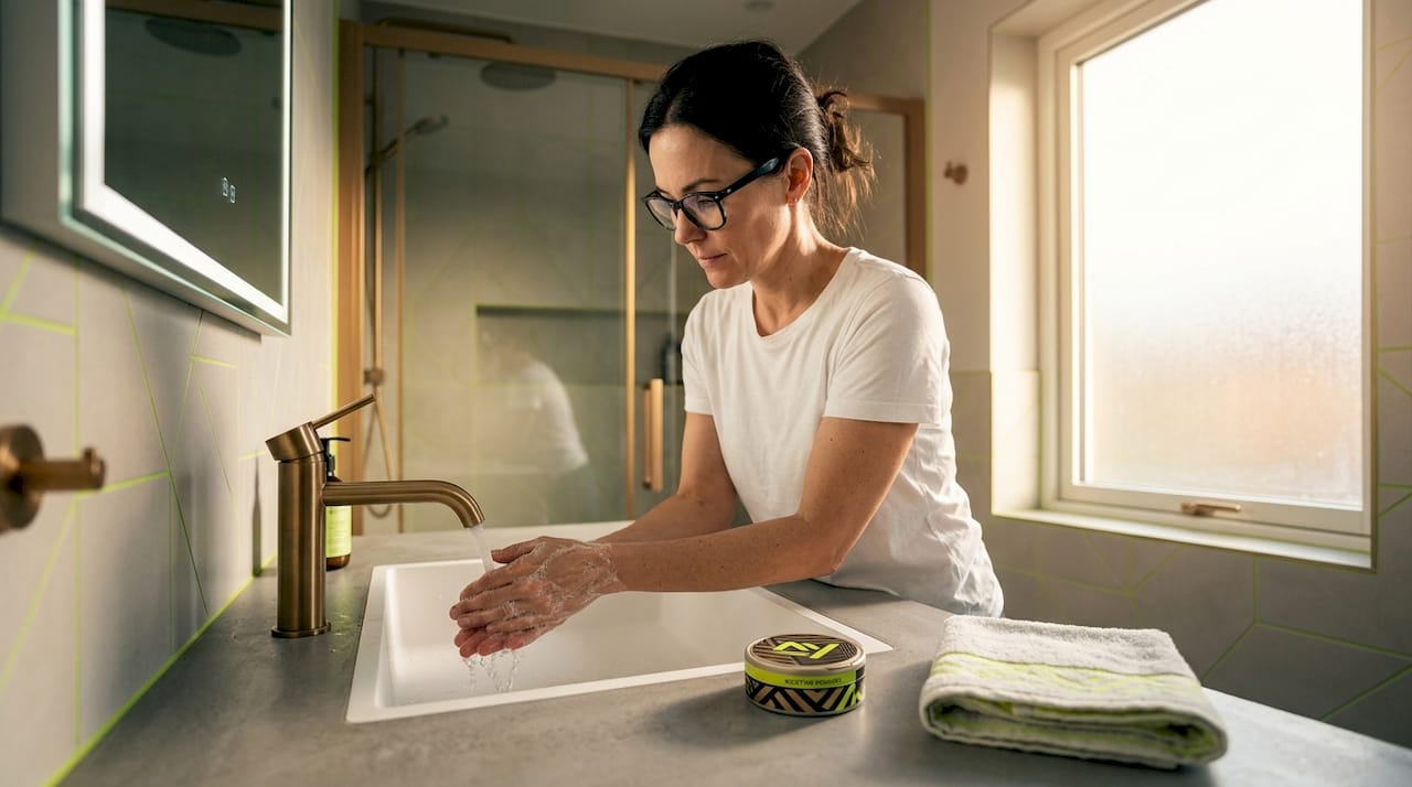 Woman washing hands before using nicotine pouches