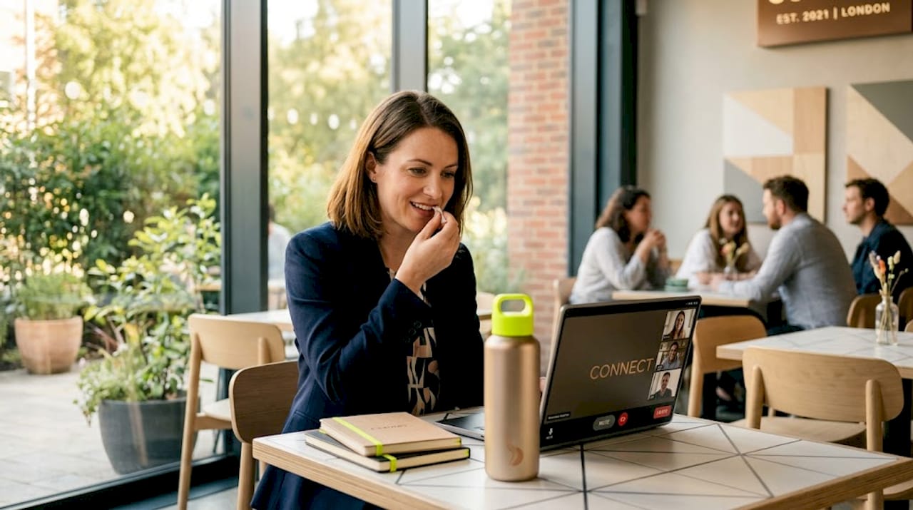 Woman discreetly adjusting nicotine pouch in office