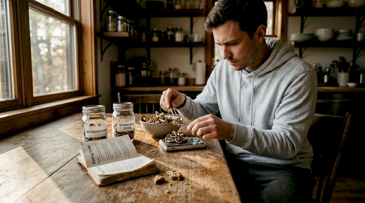 Man weighing mushroom doses at kitchen table