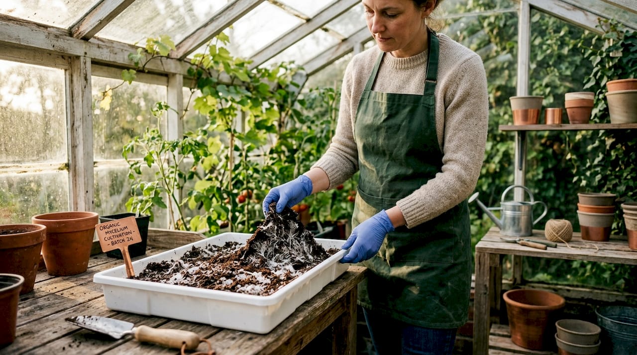 Technician checking mycelium growth in substrate