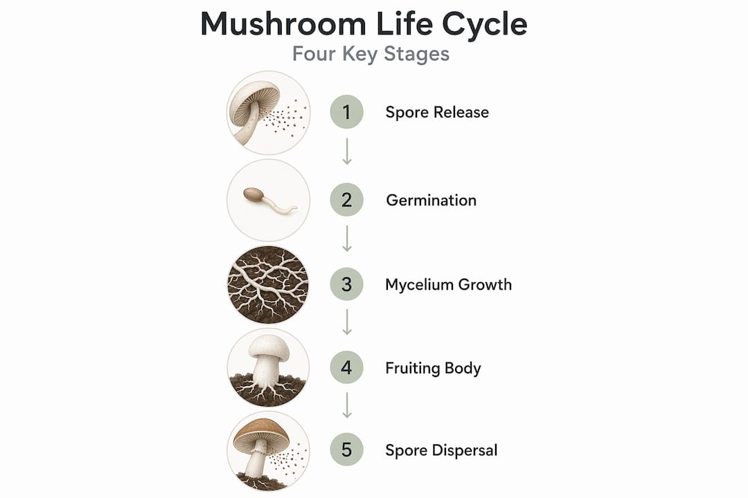 Infographic outlining mushroom life cycle stages