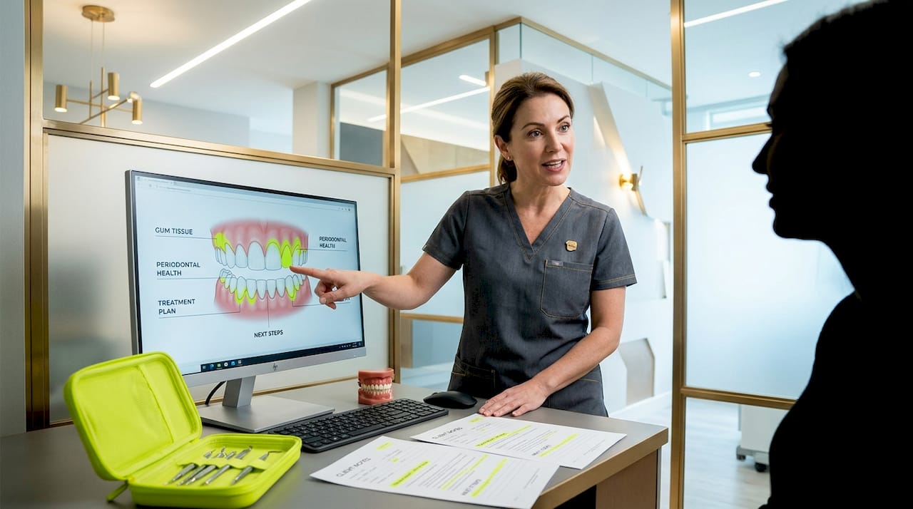 Dental professional showing gum health risks diagram