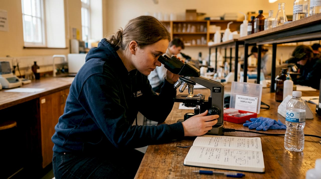 Student adjusting microscope to view mushroom sample