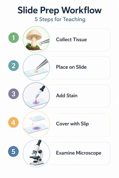 Infographic of mushroom microscopy slide preparation steps