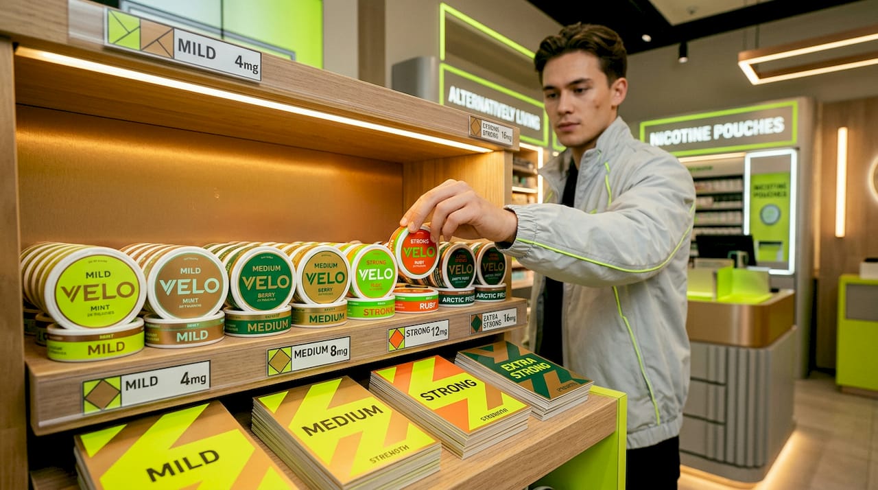 Nicotine pouch strength categories on store shelf