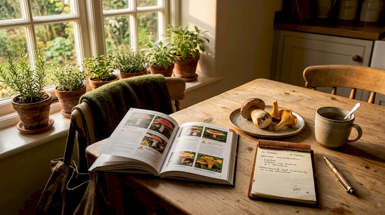 Open mushroom guide and specimens on kitchen table