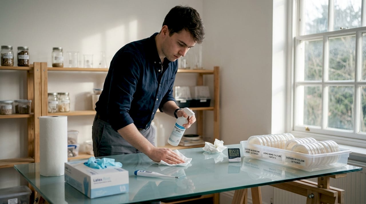 Researcher disinfecting home lab for mycology