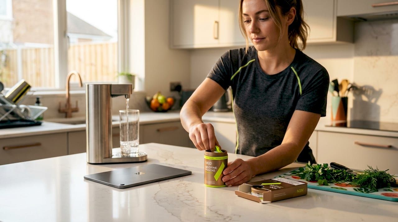 Woman preparing water beside nicotine pouch box