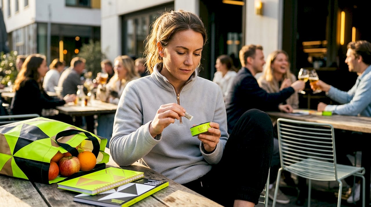 Woman reading snus pouch instructions in park