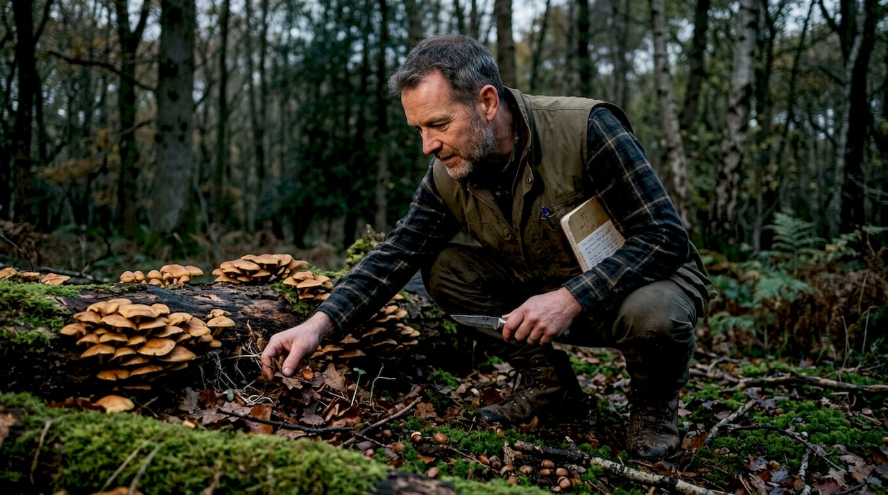 Ecologist observes mushrooms recycling forest nutrients