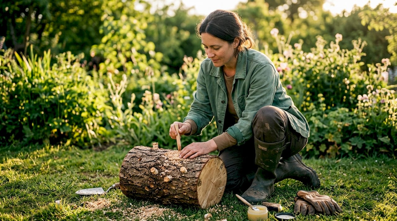 Mushroom inoculation on hardwood log outdoors