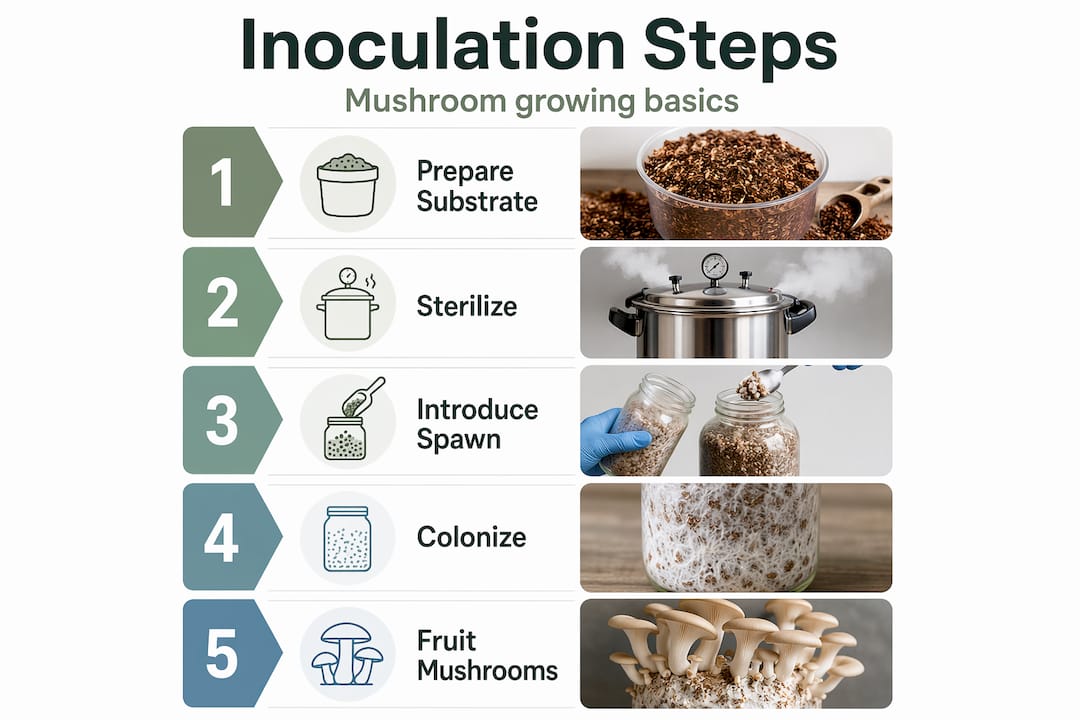 Infographic showing mushroom inoculation steps